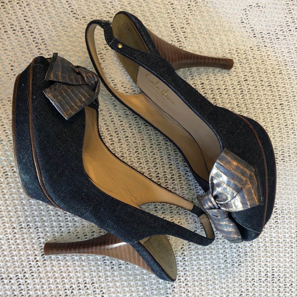 Cole Haan Denim Slingback Peek Toe Platform Sz 9